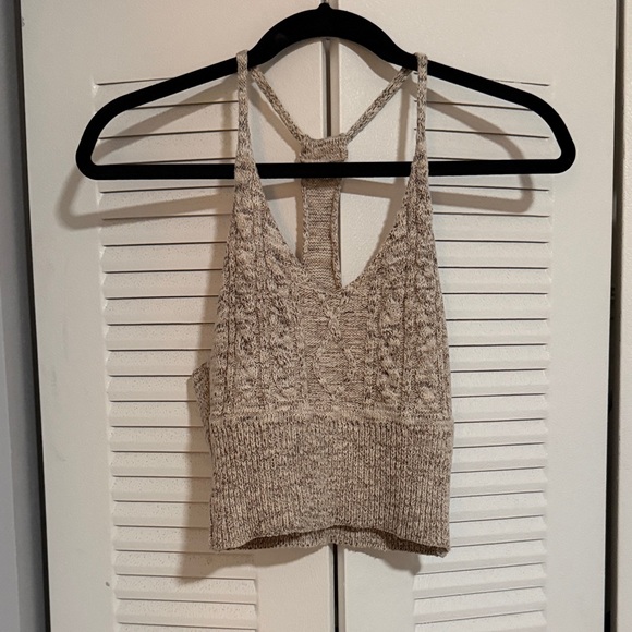 na Tops - Textured Cable Knit Racerback Crop Tank - Beige